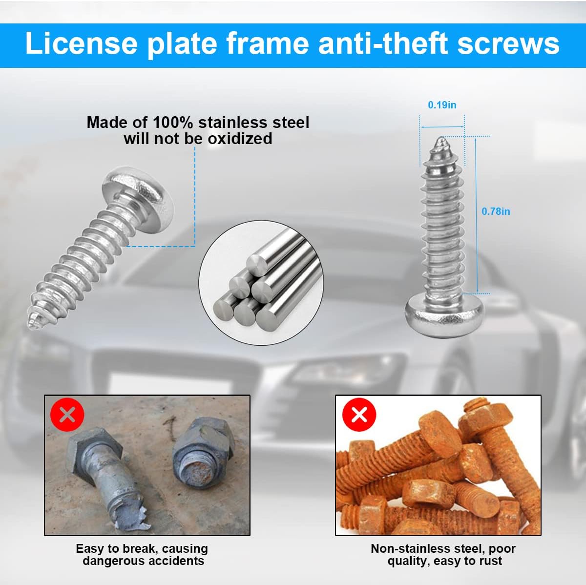 YALOK Anti Theft License Plate Screws Kits- Rustproof Stainless Steel Car Tag Plate Mounting Hardware, M6 (1/4") Tamper Proof Fastener Nut, Caps Cover for Front Rear Frame Holder Mounting（Silver-Set1）