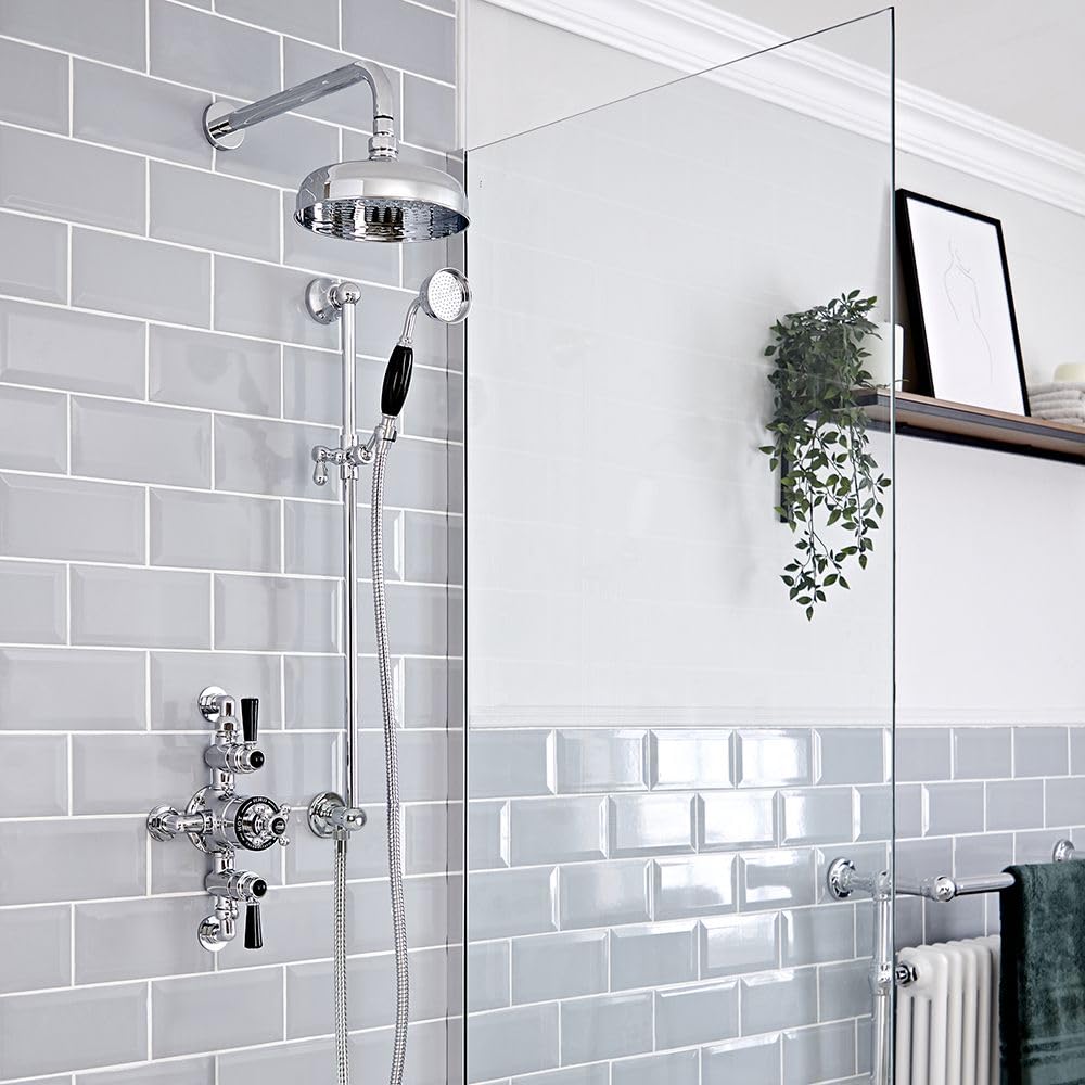 Milano Chrome & Black Elizabeth Thermostatic Mixer Valve 200Mm Shower Head Riser Rail - Chrome Black