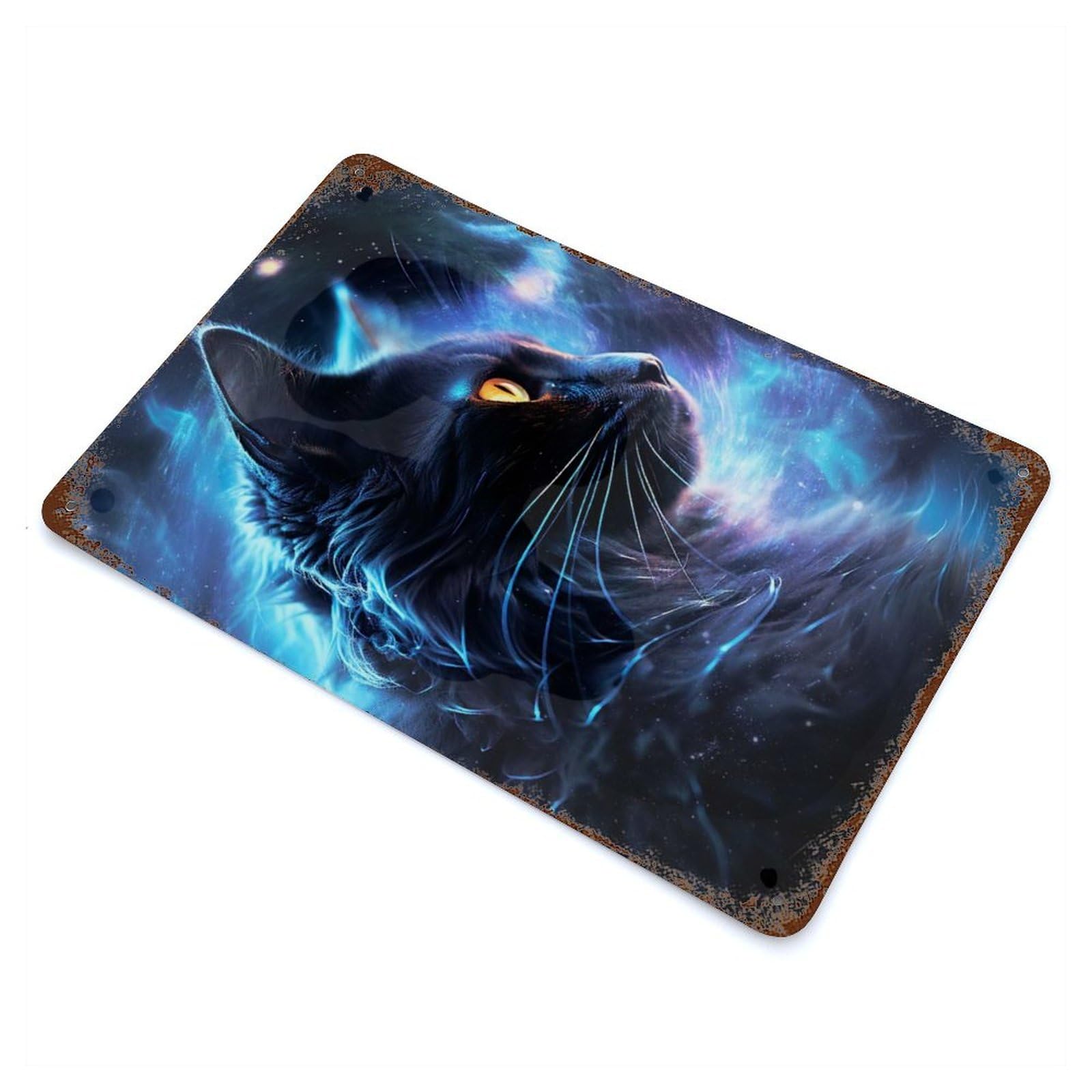 Distressed Metal Wall Sign with Space Mystical Cat Design 11.8"x7.9", for Living Room, Hallway And Home Decor, Vintage Wall Decor