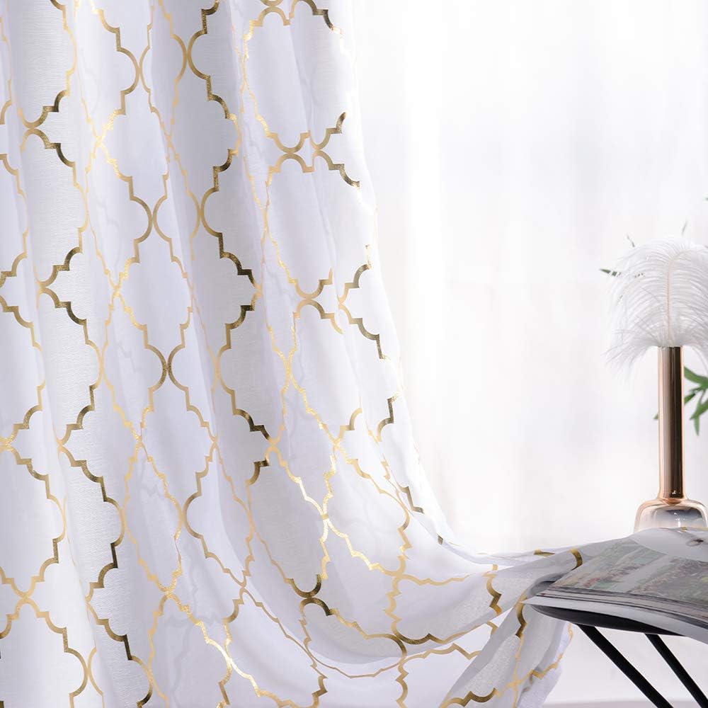 White Sheer Curtains 84 inches Long Trellis Gold Foil Curtains for Living Room Bedroom Set of 2 Panles, 52 x 84 inch
