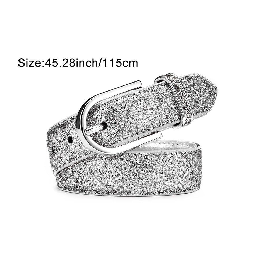 Wiywef Women Skinny Leather Belt Glitter Silver Belt Waist Belt