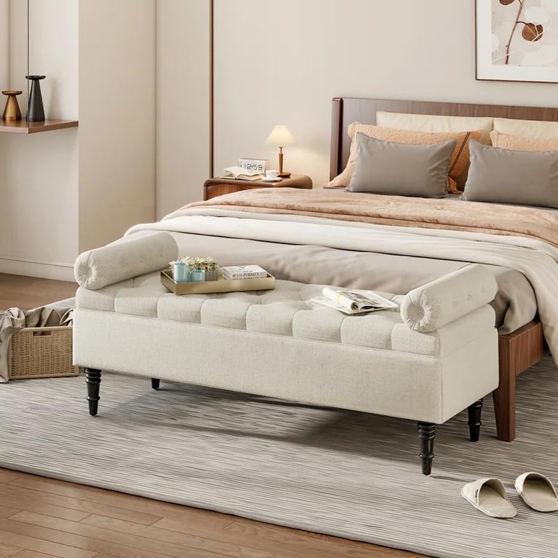 Image of LEGACY OF COMFORT Ethelsville Bolester with Storage Velvet Upholstered Storage Bench Sofa Bench Sofa couches Window Bench Ottoman Bench Chaise Lounger Pouffe for Living Room Bedroom Office (Beige)