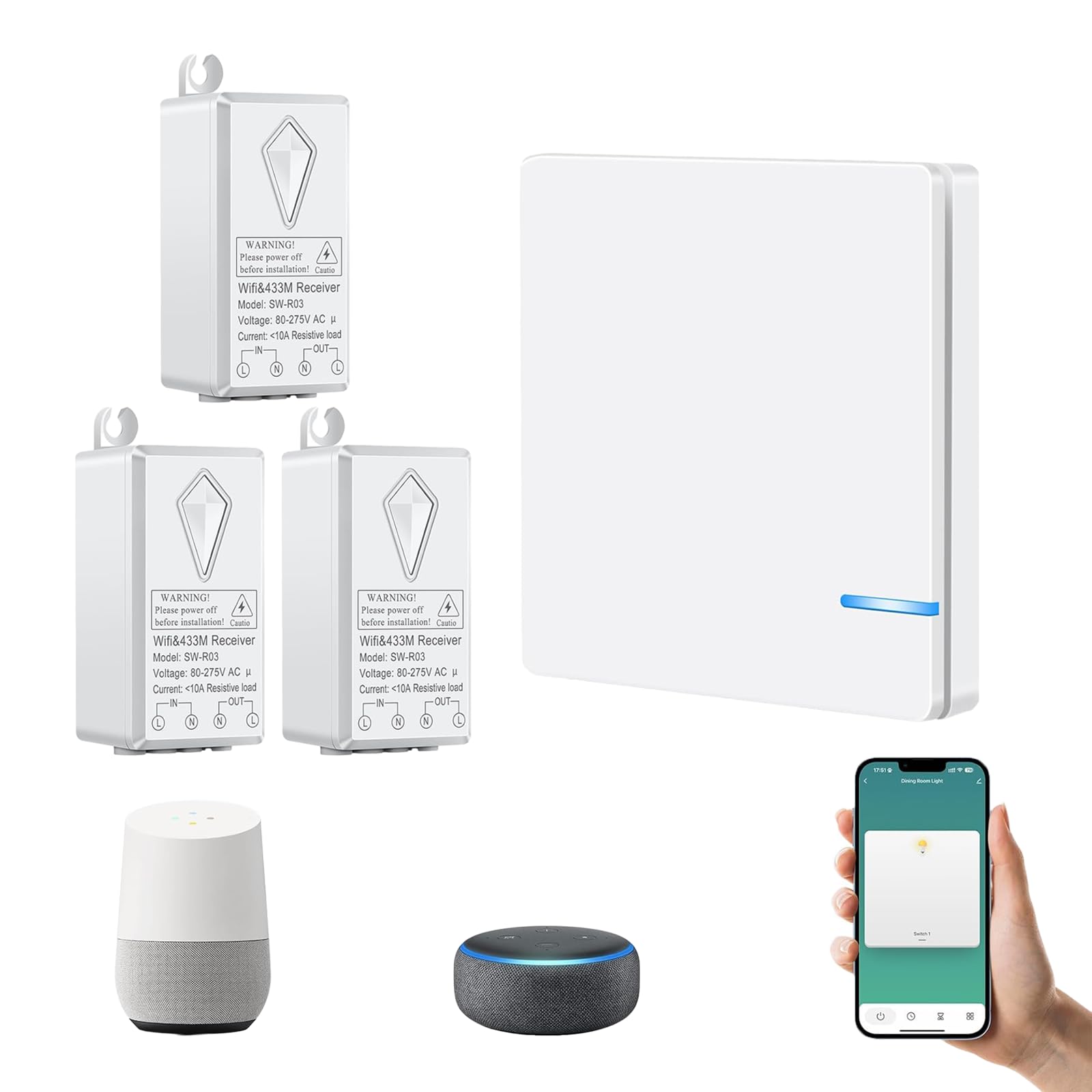 NineLeaf Wireless Smart Light Switch with Receiver,No Wiring Required,Schedule and Timer,Voice Control with Alexa & Google Assistant,Multi-Way Switches for Home Lighting (1 Switch+3 WIFI Receiver) — image 1