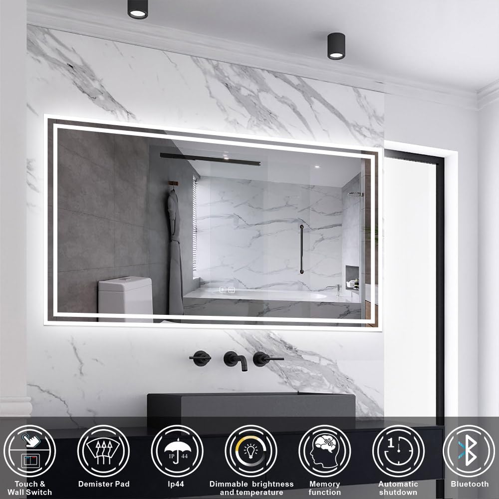 Skybathroom - Specchio da bagno illuminato a LED, 1200 x 700 mm, con Bluetooth e cuscinetto antiappannante, 3 colori, funzione dimmerabile