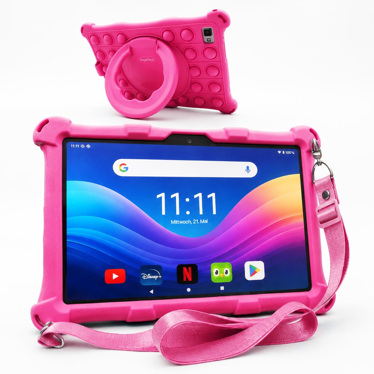AngelTech Kindertablet XL Pro II – 10 Zoll HD 2025 – Android 16 Kinder Tablet mit Kindersicherung – 6GB RAM + 8GB virtuell, 128GB Speicher – Tablet für Kinder mit Schutzhülle – Rosa