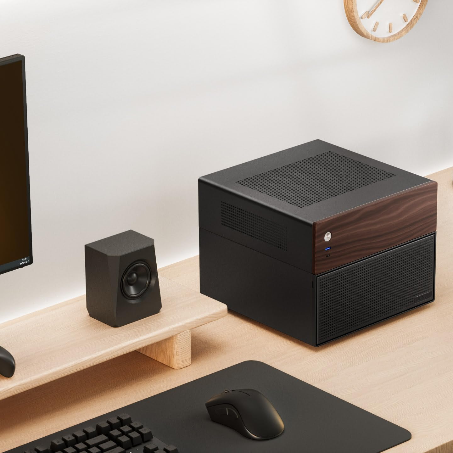 Jonsbo N4 NAS Gehäuse Schwarz – Kompaktes Micro-ATX Case für DIY-NAS, Platz für 6X 3,5" & 2X 2,5" HDDs, 4 Low-Profile-Slots, USB-C & USB-A, Holzdesign