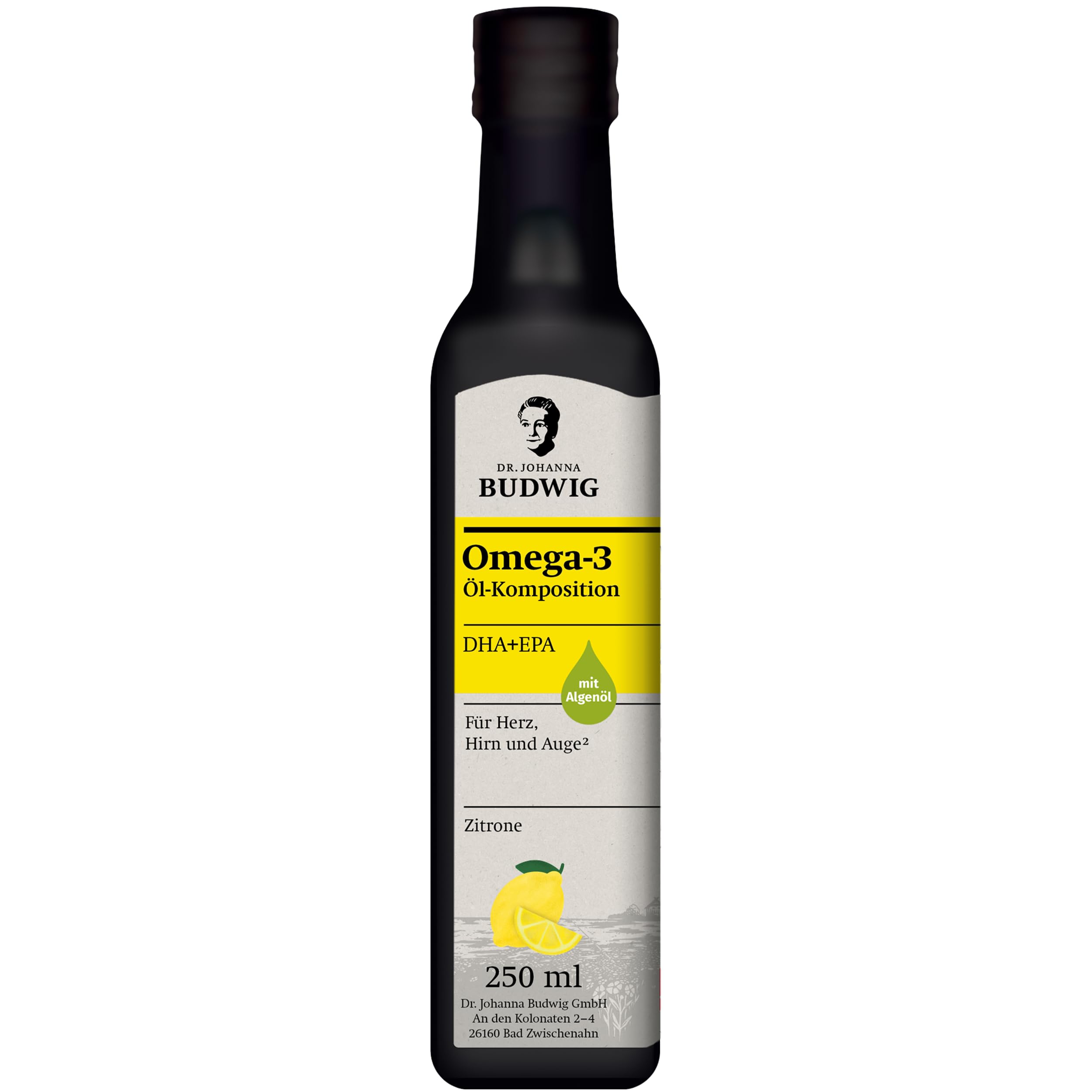 Dr. Budwig Premium Omega 3 DHA + EPA Öl Zitrone (250ml) | Bio Leinöl & Algenöl - hochdosiertes DHA & EPA - vegan - flüssig - laborgeprüft - Omega 3 für Kinder - Alternative Fischöl