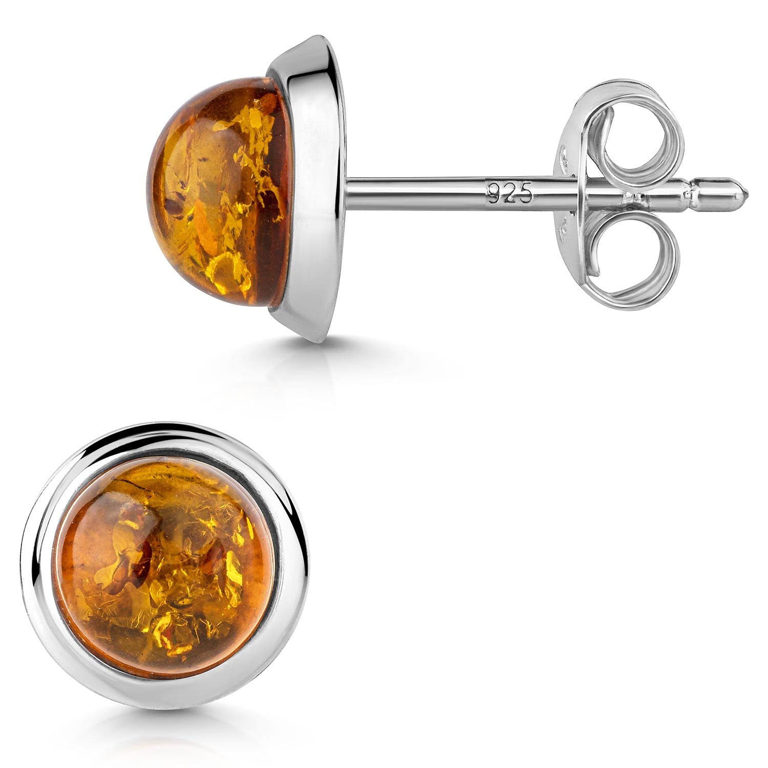 Runde Bernstein Ohrstecker Silber 925 - Damen Ohrringe Naturstein orange