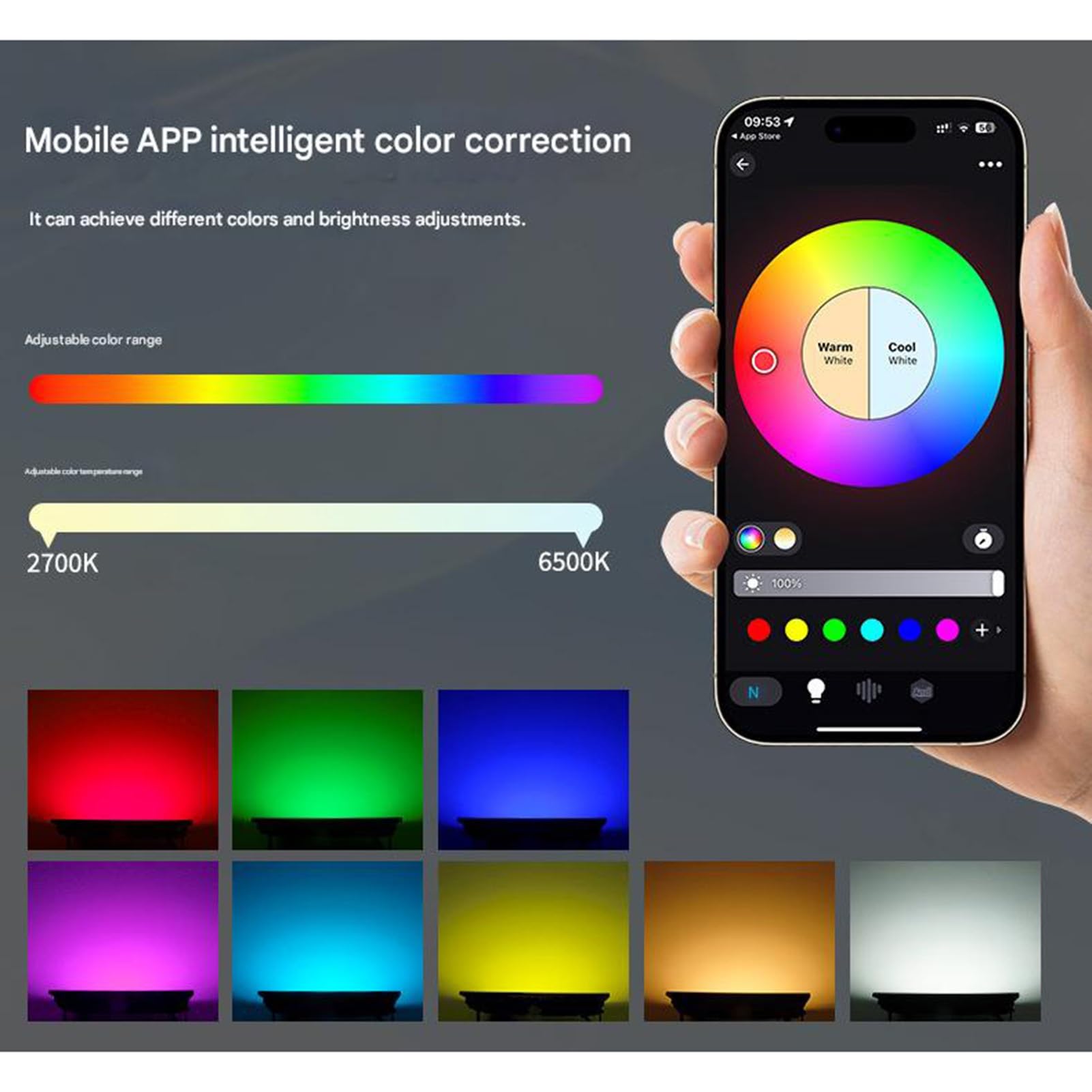 Reflektor LED RGB, odpowiednik 100 W, do użytku na zewnątrz, sterowanie Bluetooth, 16 milionów kolorów, funkcja timera, synchronizacja z muzyką, wodoodporny IP66, oświetlenie zewnętrzne