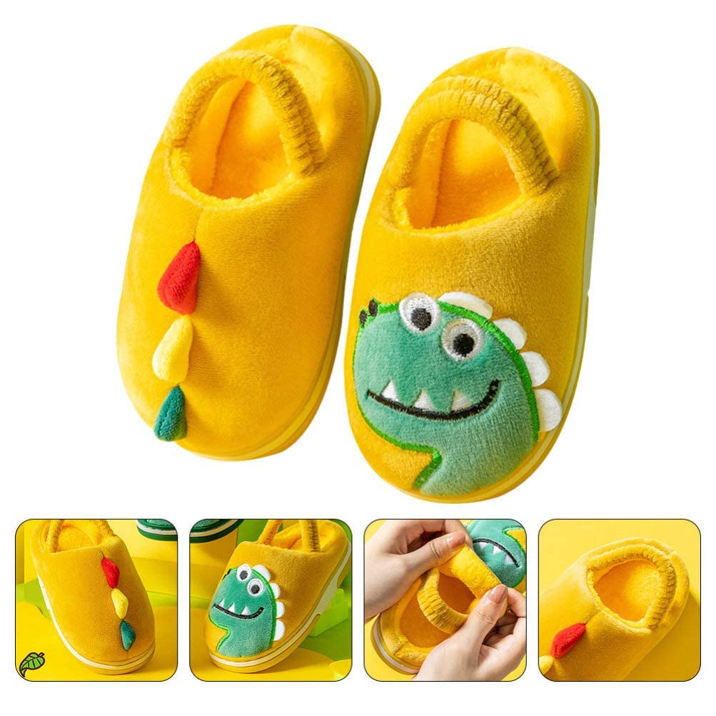 Pantuflas de dinosaurio de felpa para niños, con dibujos animados, para invierno, para casa, para exteriores, interiores, 1 par (color: amarillo, tamaño: 6,5 niños)