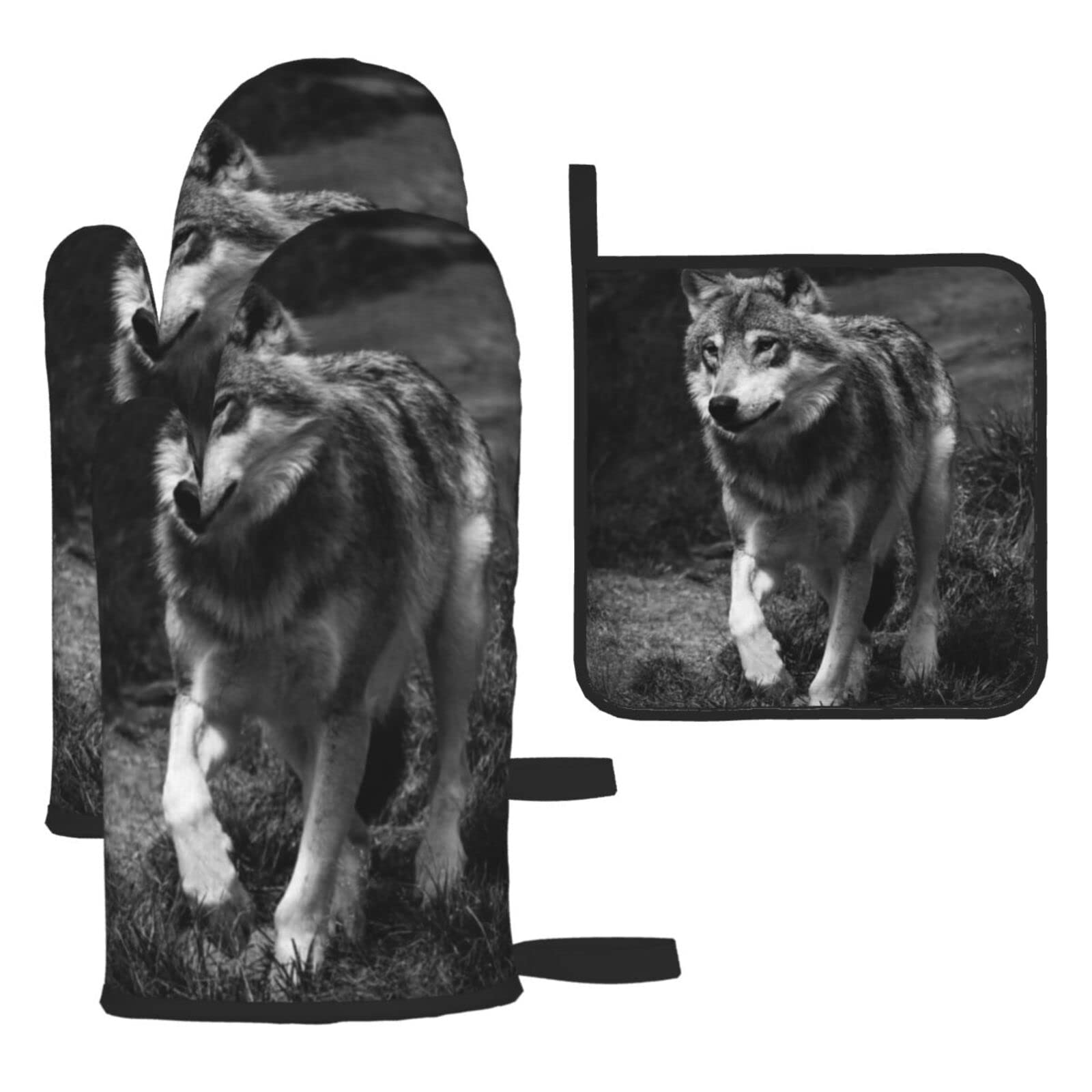Wild Life Wolf Printed Kitchen Baking Three-Piece Heat-Resistant Thick Cotton Oven Gloves for Cooking and Baking.