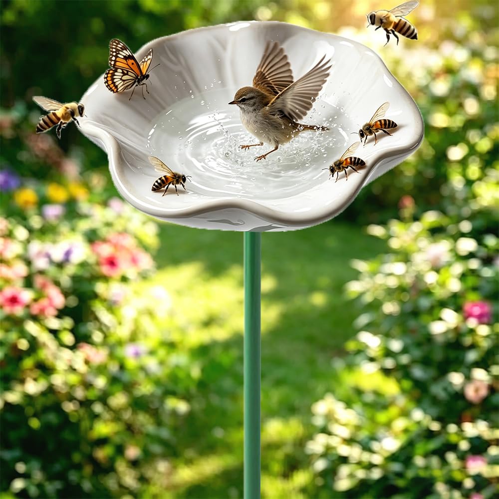 Bee Watering Station for Garden Ceramic Flowers Bee Drinking Station Handmade Large Bee Watering Cups Pollinator Watering Station Garden Yard Art Decor Patio Decor (White)