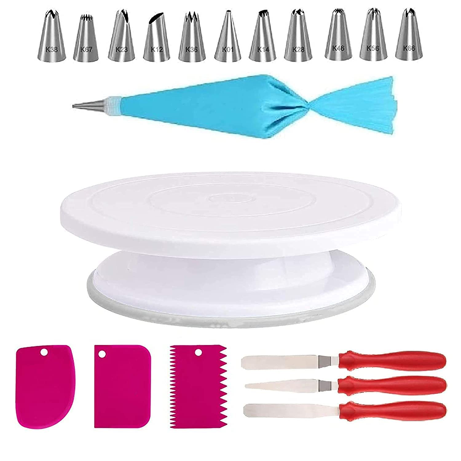 C&G INDIA Earth Cake Decoration and Baking Tools - Cake Turn Table, Nozzle Set, Scraper, 3 in 1 Knife Set (Multicolor, Plastic)