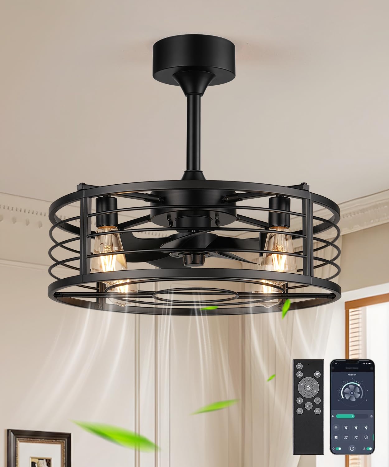 20" caged ceiling fans with lights and remote, fandelier farmhouse industrial fan lights ceiling fixtures small ceiling fan with 6 speeds and timing for kitchen, bedroom, outdoor-black