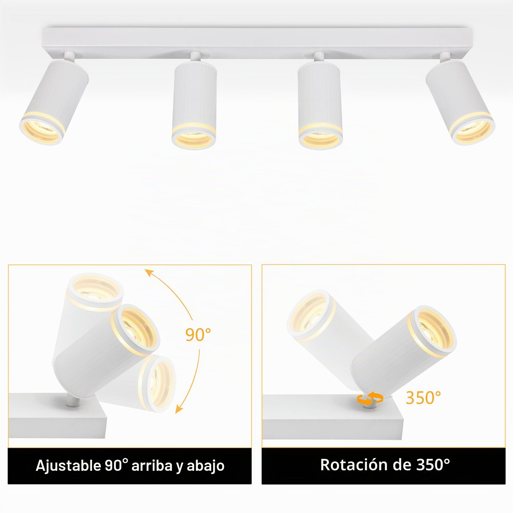 Focos LED Interior Techo con 4 Focos GU10, Lámpara de Techo Ajustables y Giratorios, Blanco Apliques Techo Interior Moderno para Salon Dormitorio Cocina Pasillos, Sin Bombilla GU10
