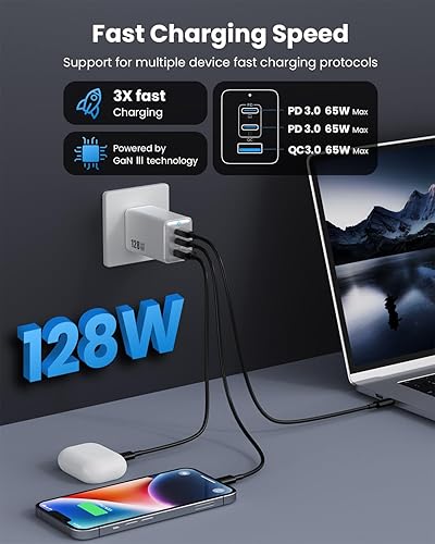 Miniatura 2 de Cargador de pared USB C de 128 W, estación de carga rápida de 3 puertos GaN III, bloque de cargador plegable PD QC, adaptador portátil de 65 W USB C