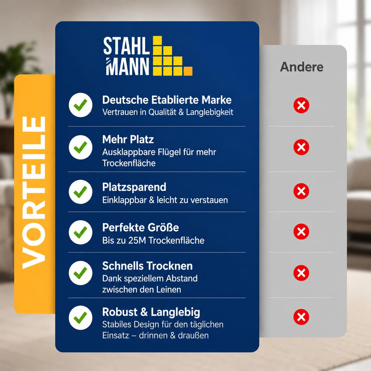 STAHLMANN Wäscheständer ausziehbar 25M Trockenfläche XXL Made in EU schwarz mit Klemmen