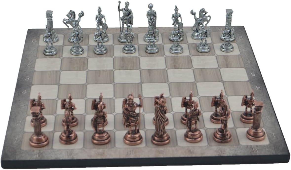 Metal Chess Set for Adults Medium Roman Antique Copper Figures,Handmade Pieces and Different Design Wooden Chess Board (Platin Oak)