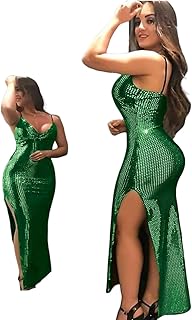 فستان طويل لامع بفتحة جانبية وتصميم مفتوح عند الصدر – أناقة تخطف الأنظار