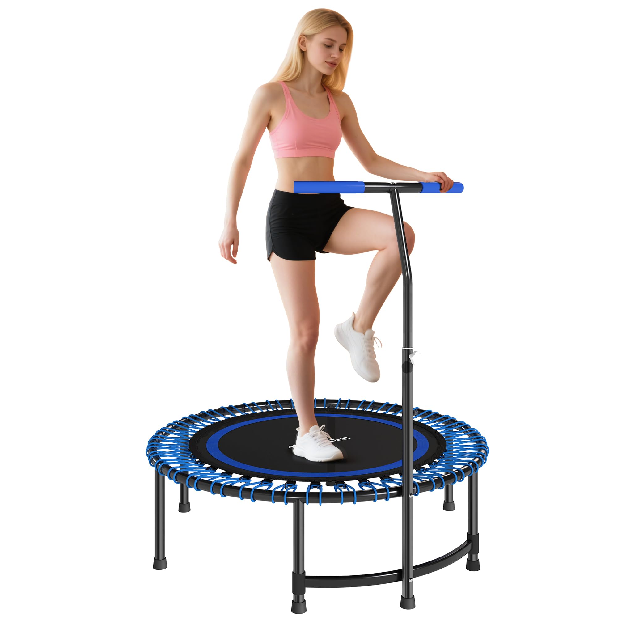 SPORTNOW Trampoline de Fitness 114 cm avec Cordes élastiques, poignée réglable sur 5 Positions, Trampoline Adulte Charge 200 kg Stable et Silencieux pour entraînement intérieur, Bleu