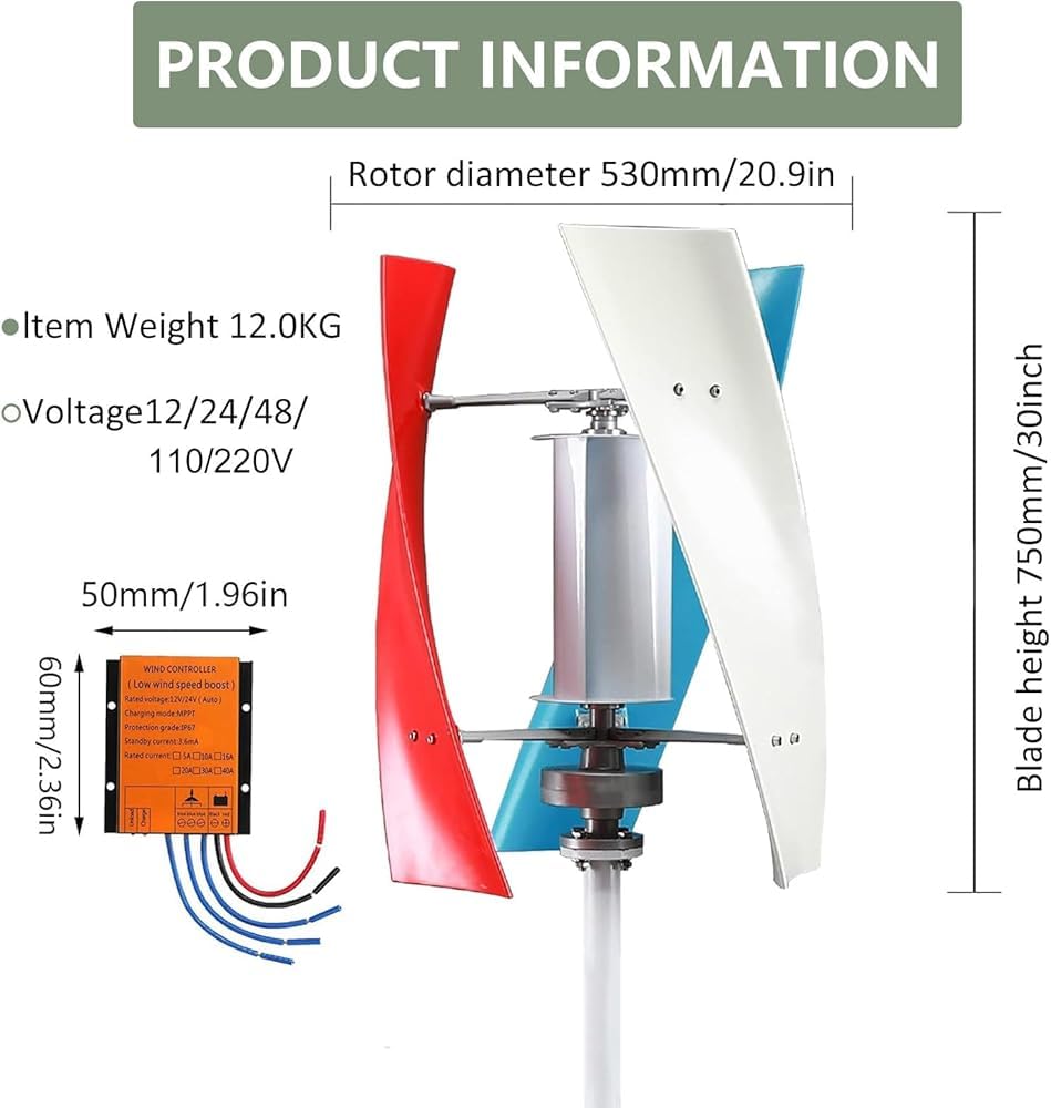 Pionowy generator wiatru, przenośny zestaw śmigła 48 V z kontrolerem ładowania, wydajna energia odnawialna do użytku domowego, morskiego i przemysłowego, kolorowe opcje