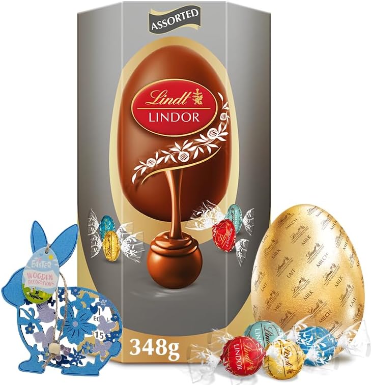 LIndt Easter Eggs Chocolate Hamper - Giant Milk Chocolate Easter Egg with Assorted Chocolate Truffles 348g and Wooden Topline Easter Decoration. Chocolate Gift for Easter Gifts.