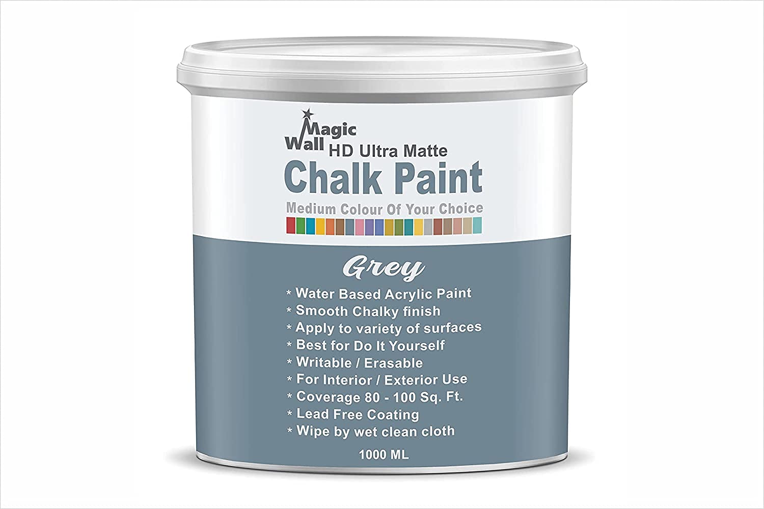 MagicWall Chalk Paint Medium Colors | 1 Liter - Matt Finish | Water Base Acrylic Paint | Coverage : 50 to 100 Sq. Ft. | Apply on Surfaces Like Walls, Boards, Furniture & Home Décor Products. (Grey) (B09CQ2GZJQ) Amazon Price History, Amazon Price Tracker