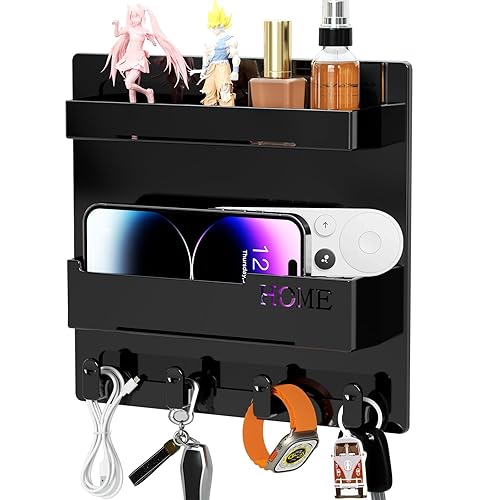 Bedside Wall Organizer, Wall Mount Self Stick On, Cute Room Decor Aesthetic, Girls Room Decor, Cool Stuff for Bedroom Storage and Organization - 4 Hooks Design-Black