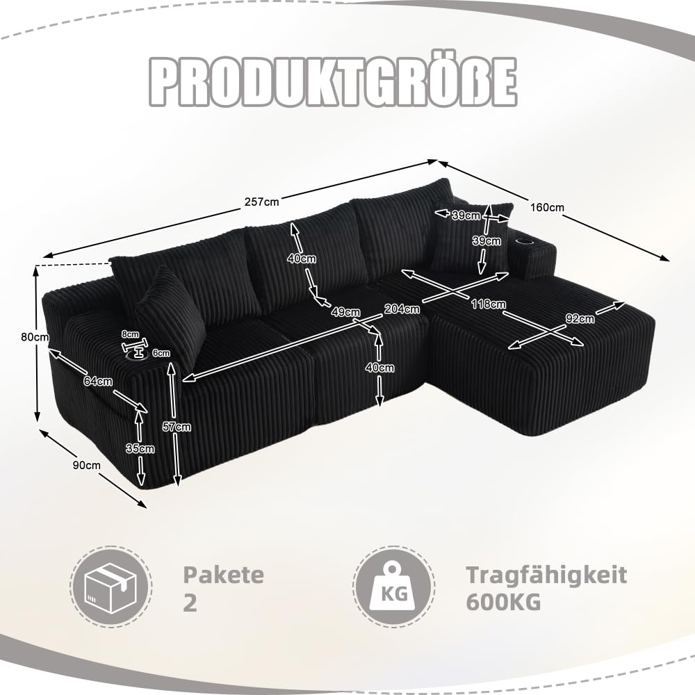 I0I&I0I Ensemble canapé modulaire avec méridienne et housse en velours côtelé 2 places avec 5 coussins porte-gobelets, pour le salon, l'appartement (noir + Corduroy + 3 sièges + mousse)