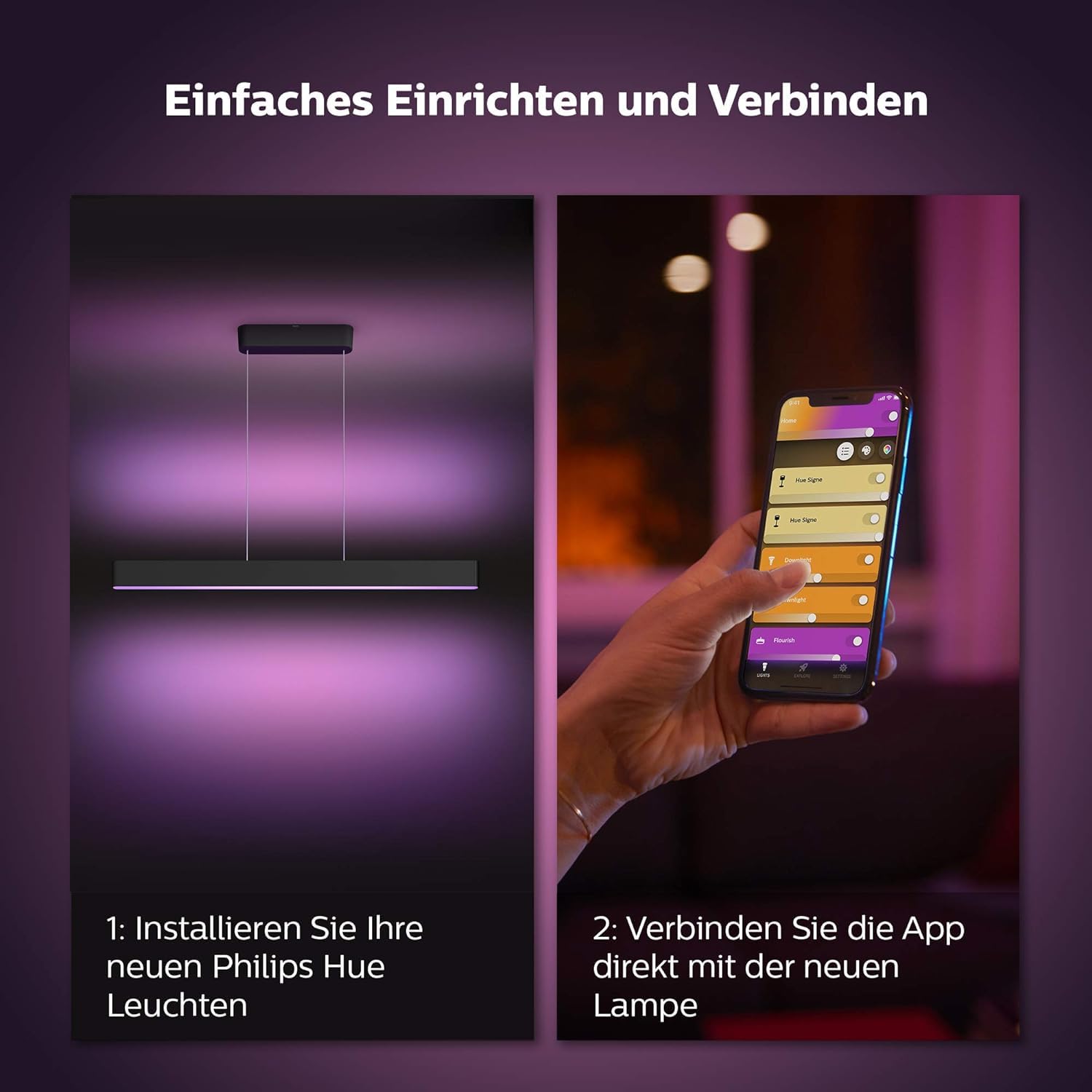 Philips Hue White & Color Ambiance Ensis Pendelleuchte (5.500 lm), dimmbare Esstischleuchte für das Hue Lichtsystem mit 16 Mio. Farben, smarte Lichtsteuerung über Sprache oder App, schwarz
