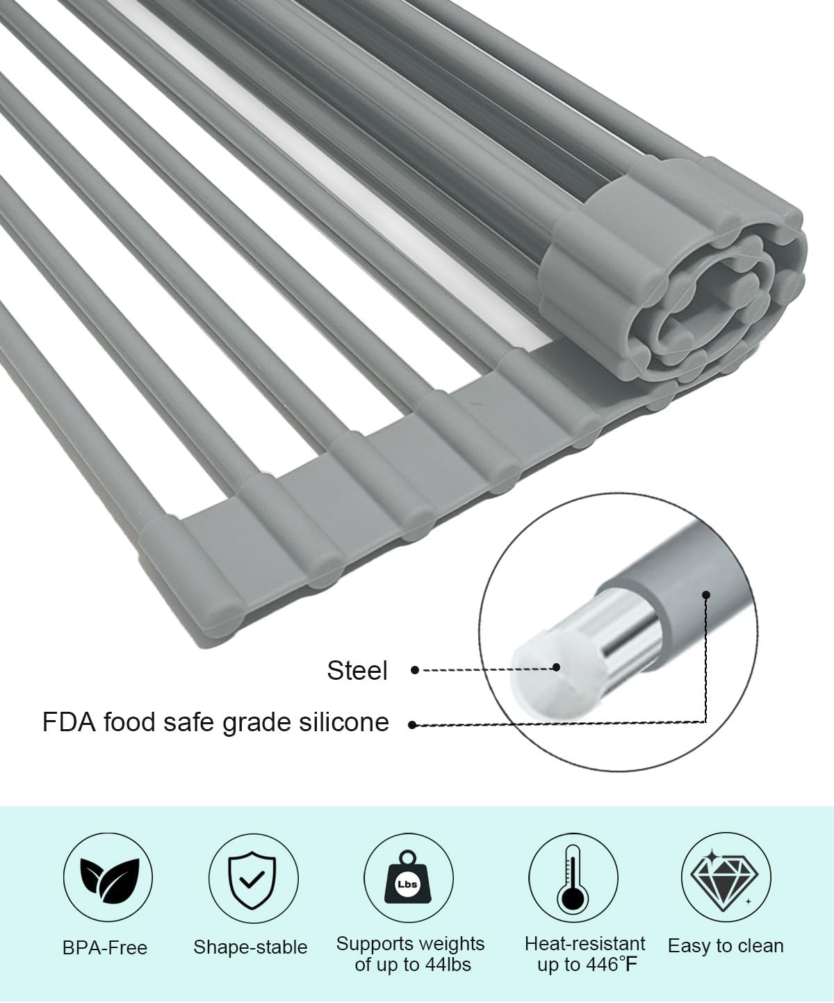 Roll Up Dish Drying Rack Over Sink, 20.47" x 12.99" Foldable Silicone Wrapped Stainless Steel Over The Sink Dish Drying Rack, Grey