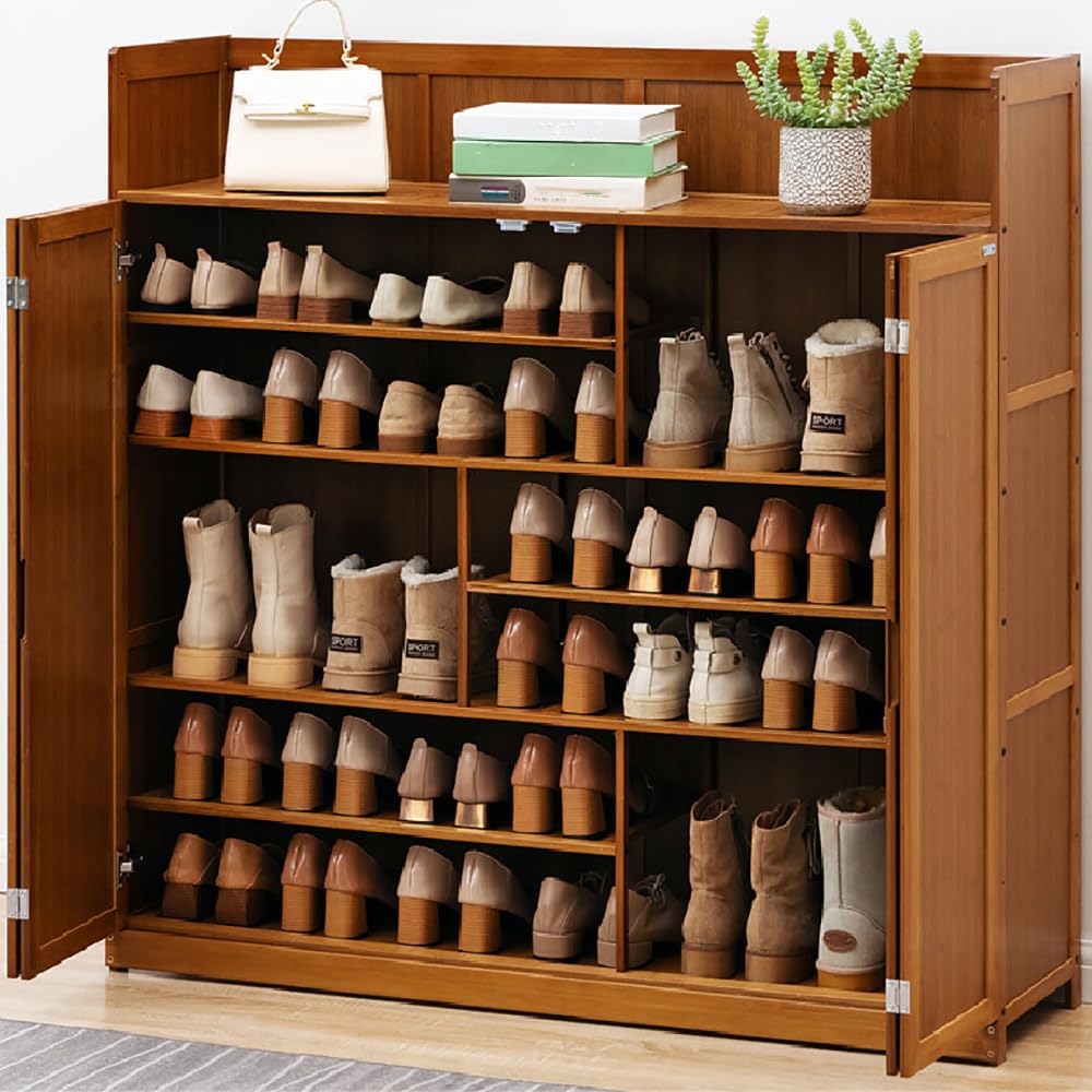 angelfanmily Bamboo Shoe Storage Cabinet 117cm, Modern 7-Tier Narrow Shoe Cabinet with 4 Doors, Saving Space Shoes Storage Organiser Rack for Entryway, 7-Tier Shoe Storage Cabinet Organiser