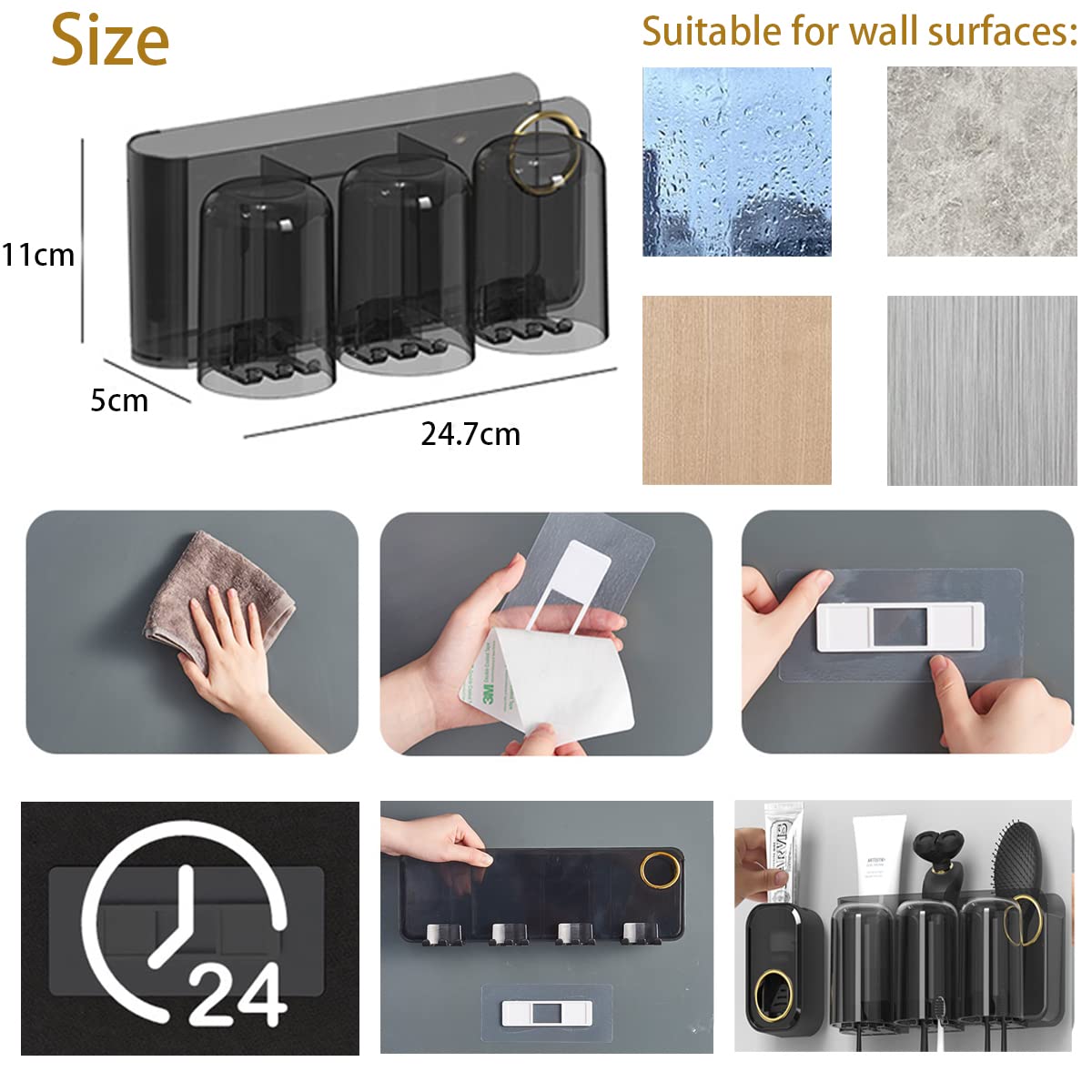 LANMOU Porta Spazzolino da Muro, Grande Portaspazzolini da Bagno con Dispenser Automatici di Dentifricio, 3 Bicchieri Magnetici, 6 Slot per Spazzolino da Denti, per Bambini, Donne, Genitori, Bagno