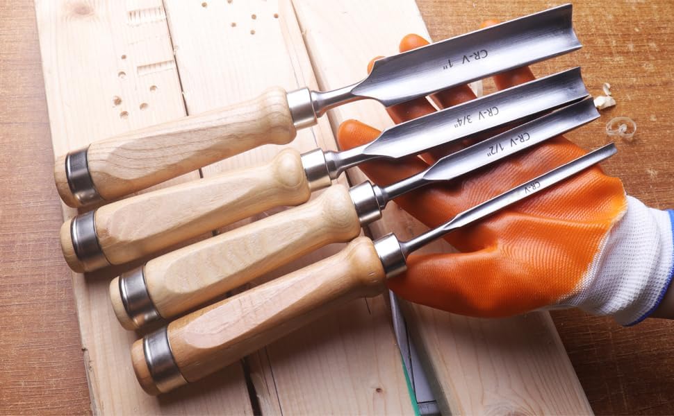 Miniatura 5 de ATOPLEE Juego de 4 cinceles de madera para carpintería, herramienta profesional de cincel de madera, gubia de carpintero CR-V, borde semicircular,