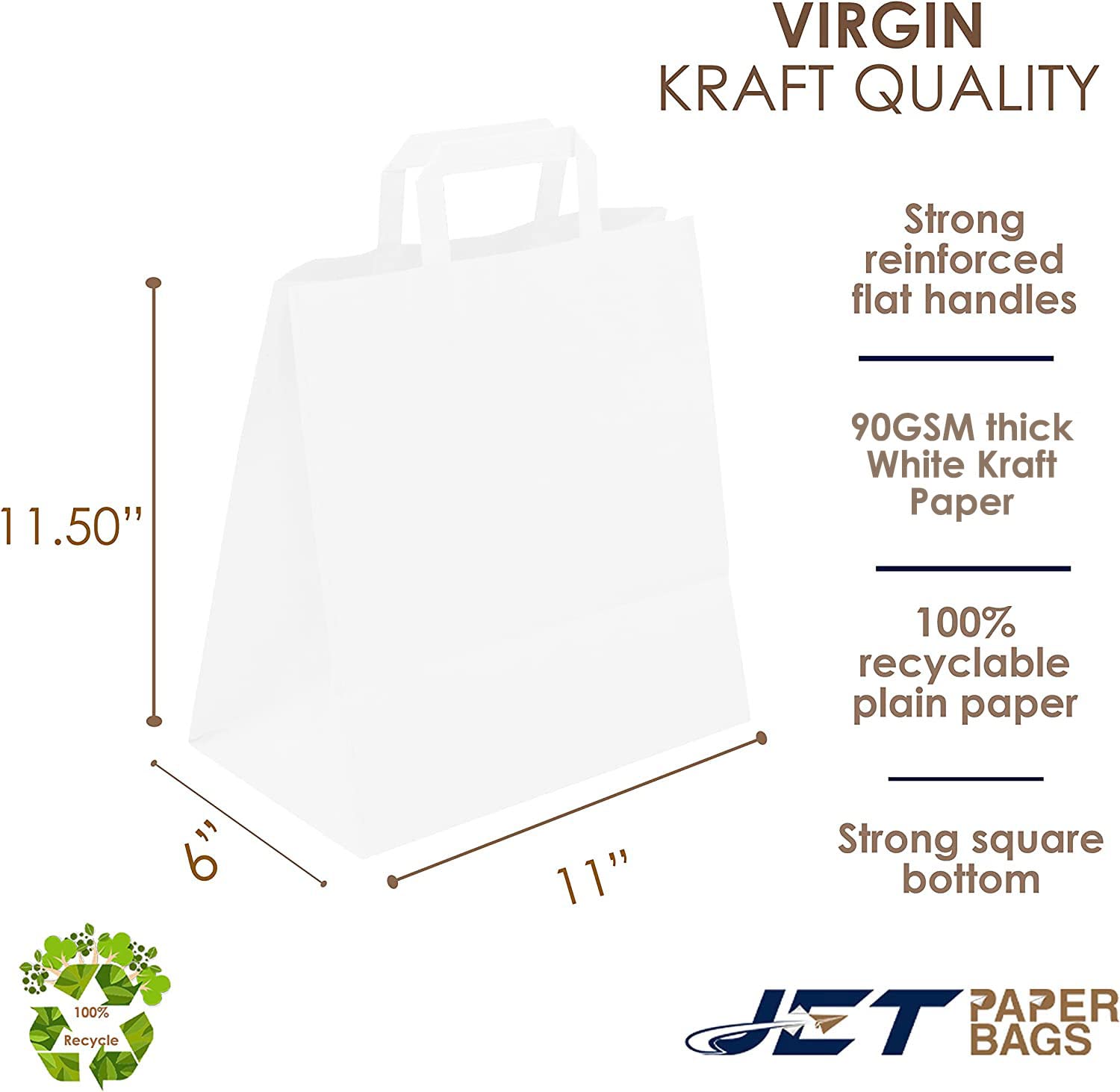 JET PAPER BAGS - 11”x6”x11.5” [400 Pcs] White Paper Bags with Handles Prime for Takeout, Grocery, Goody, Retail, Party, Gifts, Weddings - Recyclable Kraft Paper Gift Bags with Handles