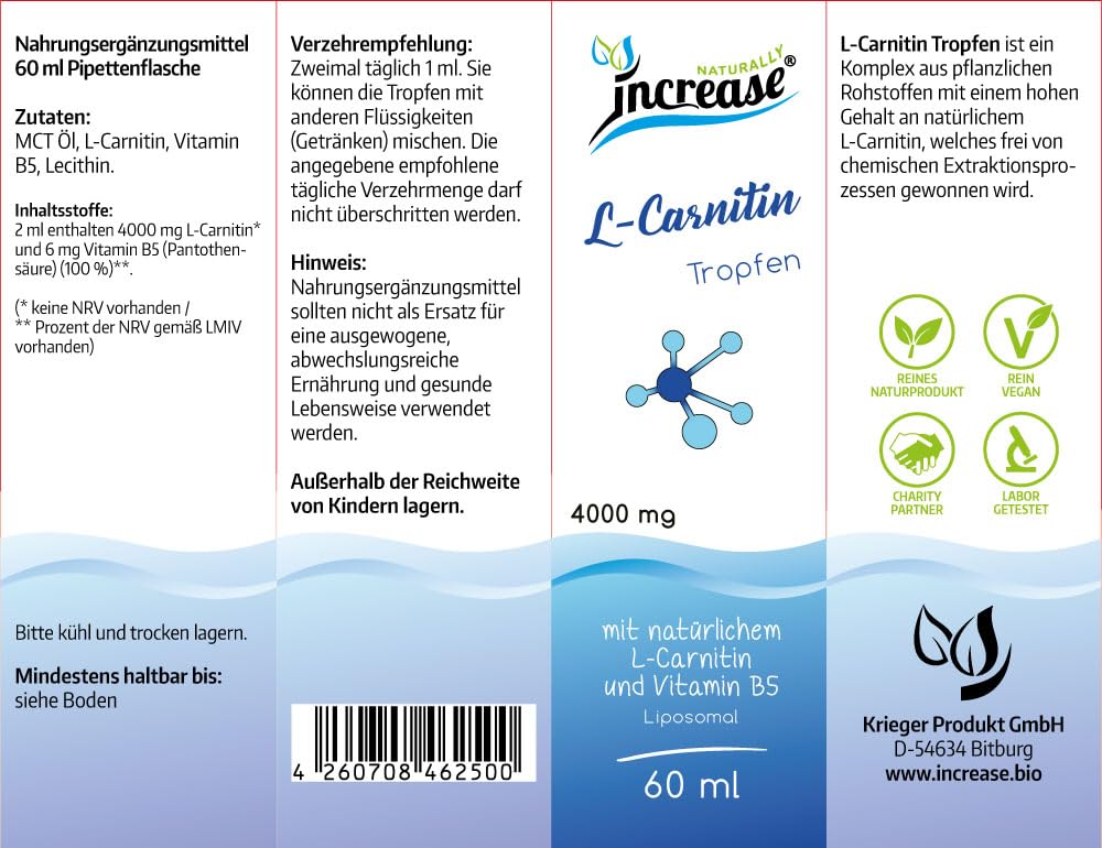 Nimm 3, zahl 2 Aktion Liposomale L-Carnitin Tropfen hochdosiert - (360.000mg in 3 Flaschen) 4000mg L-Carnitin pro Tagesdosis mit Vitamin B5 (Pantothensäure) - MCT Öl - Hohe Bioverfügbarkeit