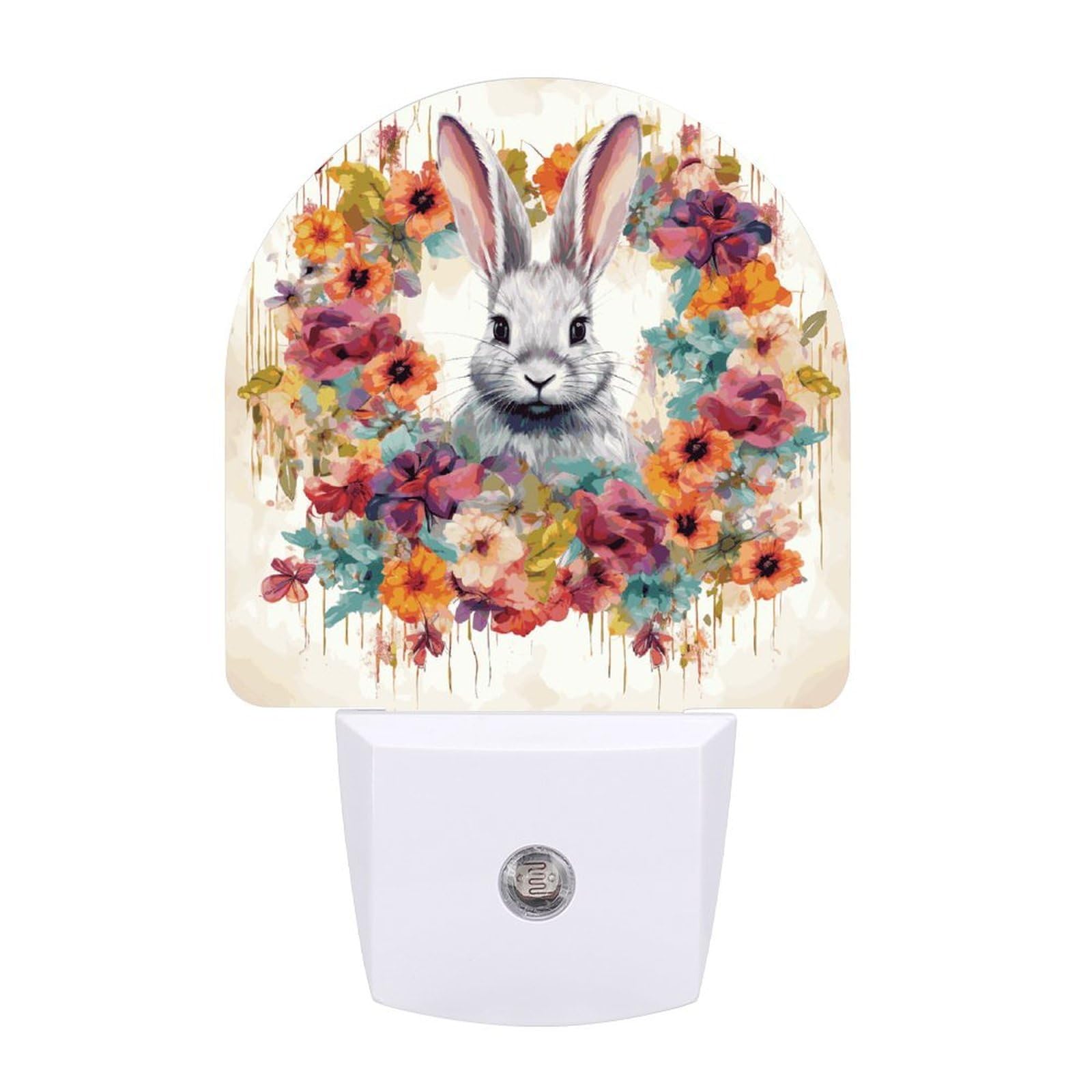 FekiLoot - LED Night Lights for Wall Decor, Ambient Lighting with Light Sensors, Soft Night Light for Sleeping, Warm Watercolor Automatic Rabbit and Flowers Night Light for Adults