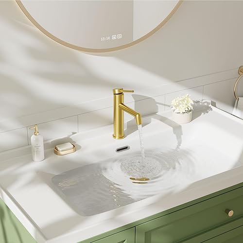 Miniatura 4 de Phiestina Grifo de baño de oro cepillado, grifo de lavabo de baño de una sola manija, con línea de suministro de agua y drenaje desplegable de