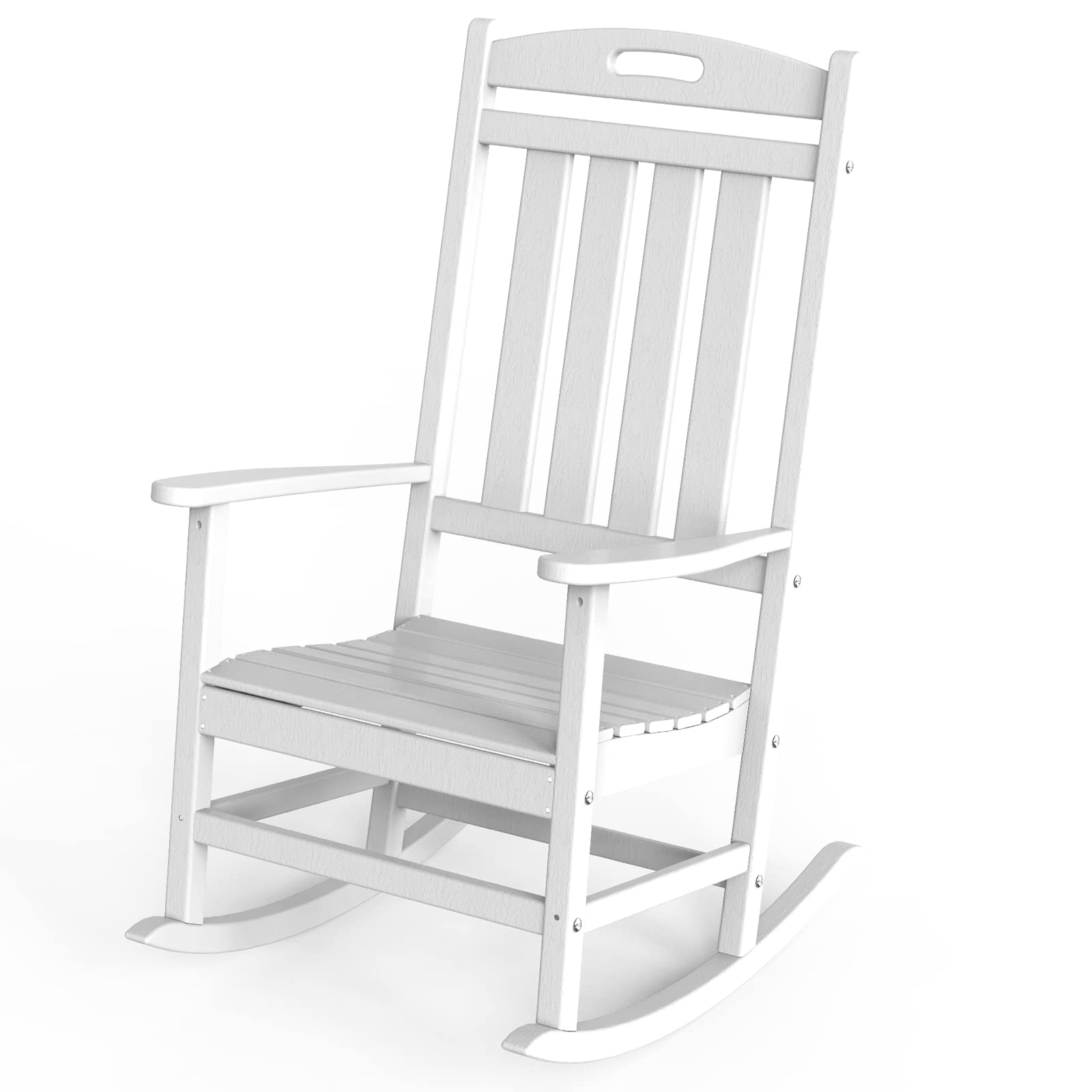 POLYDUN Outdoor Rocking Chairs, High Back Poly Lumber Patio Rocker Chair, 365Lbs Support Rocking Chairs, All-Weather Porch Rocking Chair for Lawn, Backyard, Indoor, Garden, Like Real Wood, White