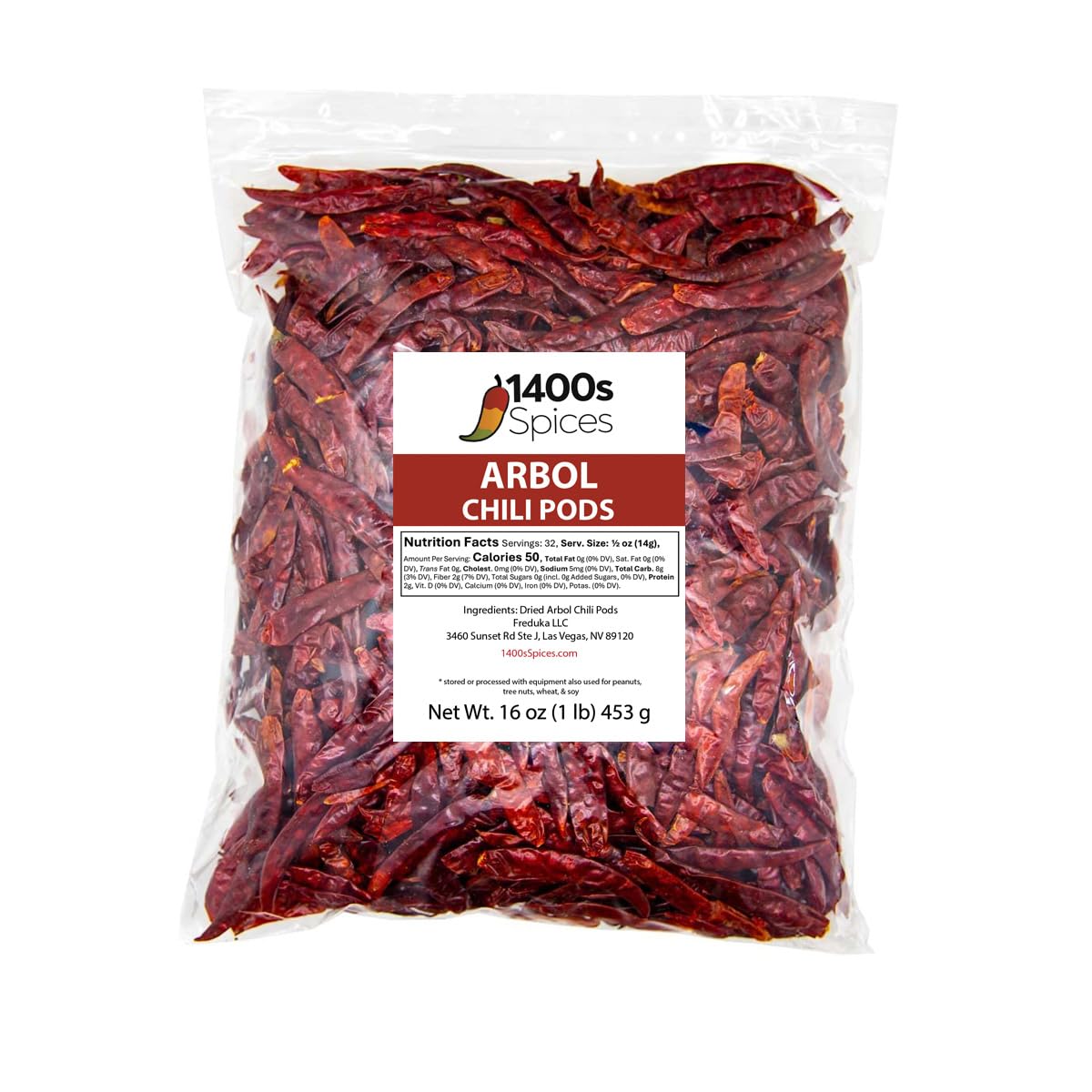 1lb Chile de Arbol Food Service Size S17. Dried Arbol Whole Chilies Peppers, Chili Seco Pods for Authentic Mexican Food by 1400s Spices