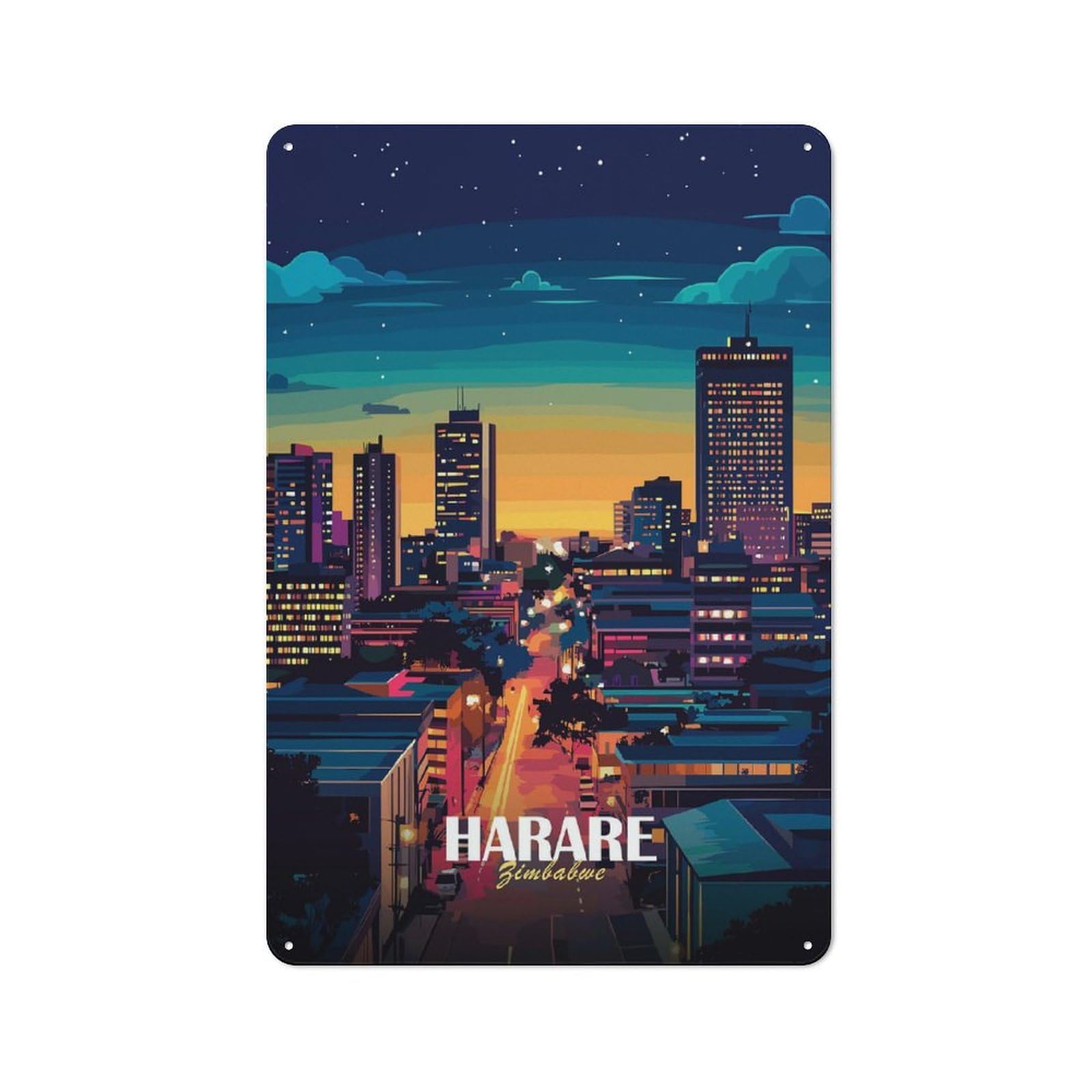 Junmoney Style-11 Tin Sign 30X20cm With Harare, Zimbabwe Cityscape At Night For Garage Wall, Retro-Style Decor, For Room Styling Across Garages And Workshops