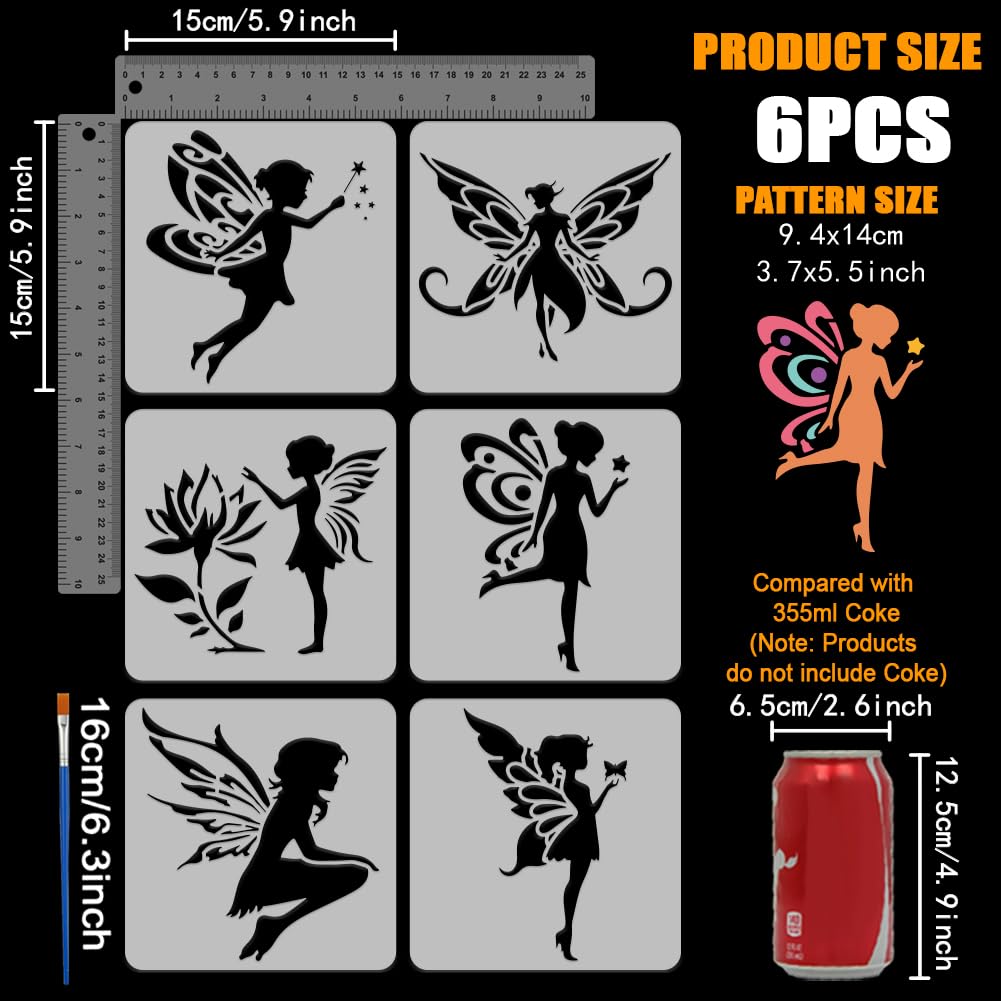FINGERINSPIRE 6PCS Angel Silhouette Stencils for Painting with Brush 15x15cm Reusable Fairy with Wings Template Hollowed Flower Stars Butterfly Stencil Fantasy Theme Template for Wall Decoration - Image 2
