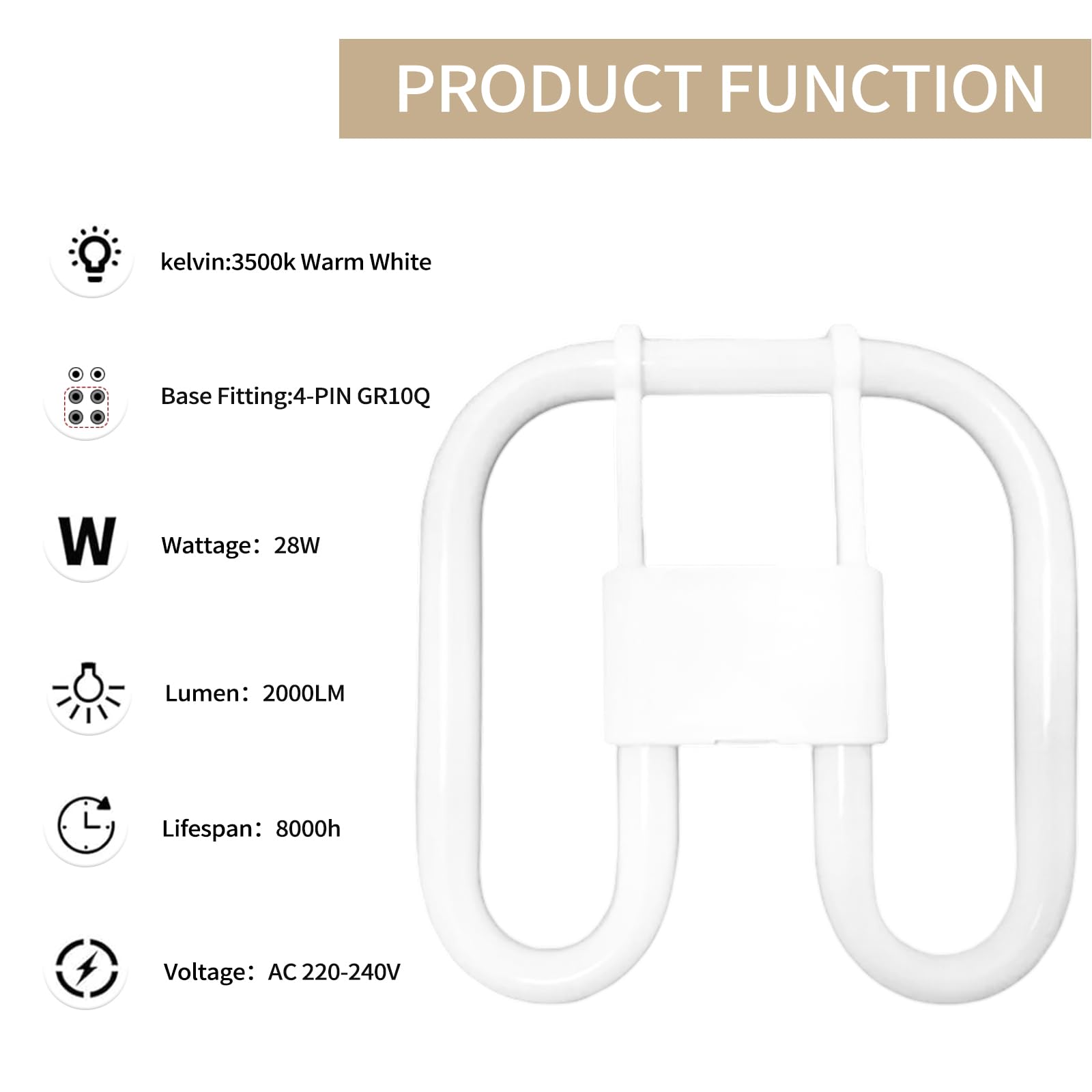 hautllaif GR10Q 4-PIN 28W Ceiling Light Bulb,Bathroom Light Bulb,Warm White 3500K,Non-Dimmable Fluorescent Tube,Large 20x20cm Size,Ideal for Recessed Indoor Stair Corridors,CFL Spotlight Fixture - Image 4
