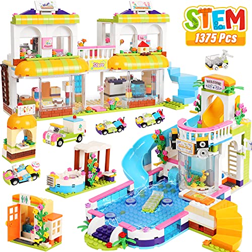 Friends Swimming Pool Party Toy Pool Building Set Toy House for Girls 6-12, 1375 Pcs Supermarket Creative Building Bricks Blocks Kit, STEM Learning Roleplay Gift Party Toy for Boy Girl Kid Toys