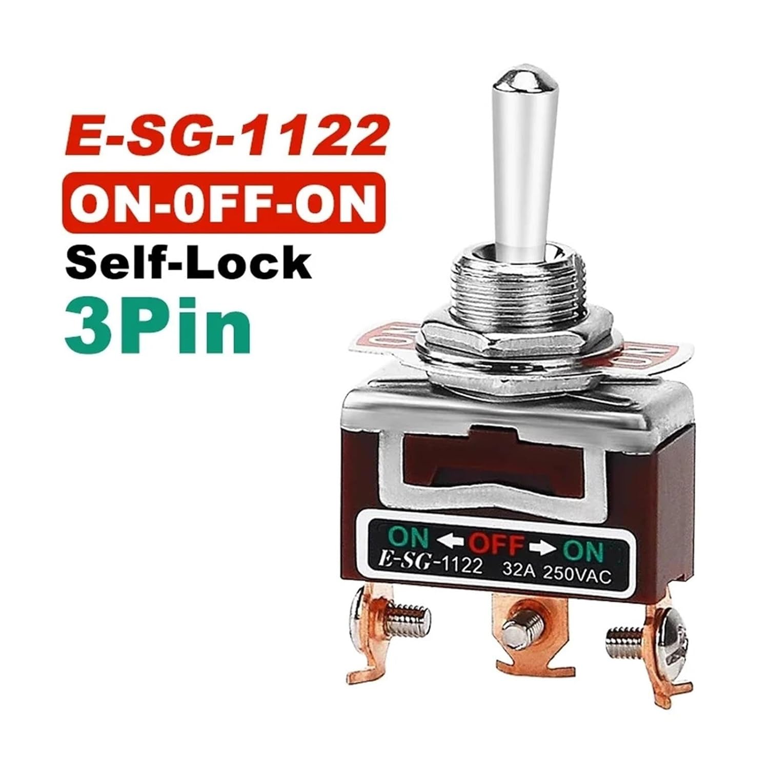 2/3/4/6/8/9/12Pin E-SG Toggle Switch 32A 250VAC Rocker Switch Self-Locking E-SG Power Switch with Brass Screw Foot Pin(1122)