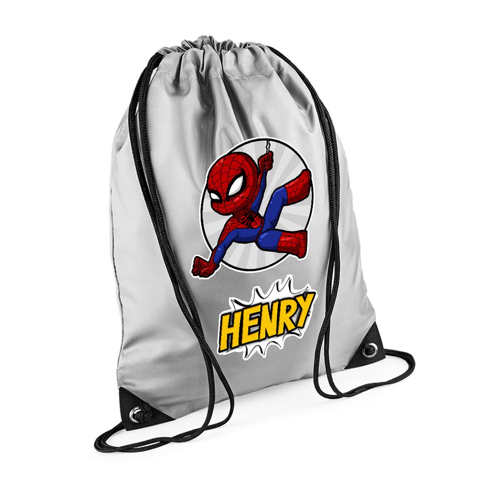 Superhero Bag, Personalised Backpack, Gift For Kids, Boy, Cartton Character Bag, Birthday, Christmas Drawstring Bag, PE Gym Kit Swimming, Sport Rucksack. (Silver) โ image 1