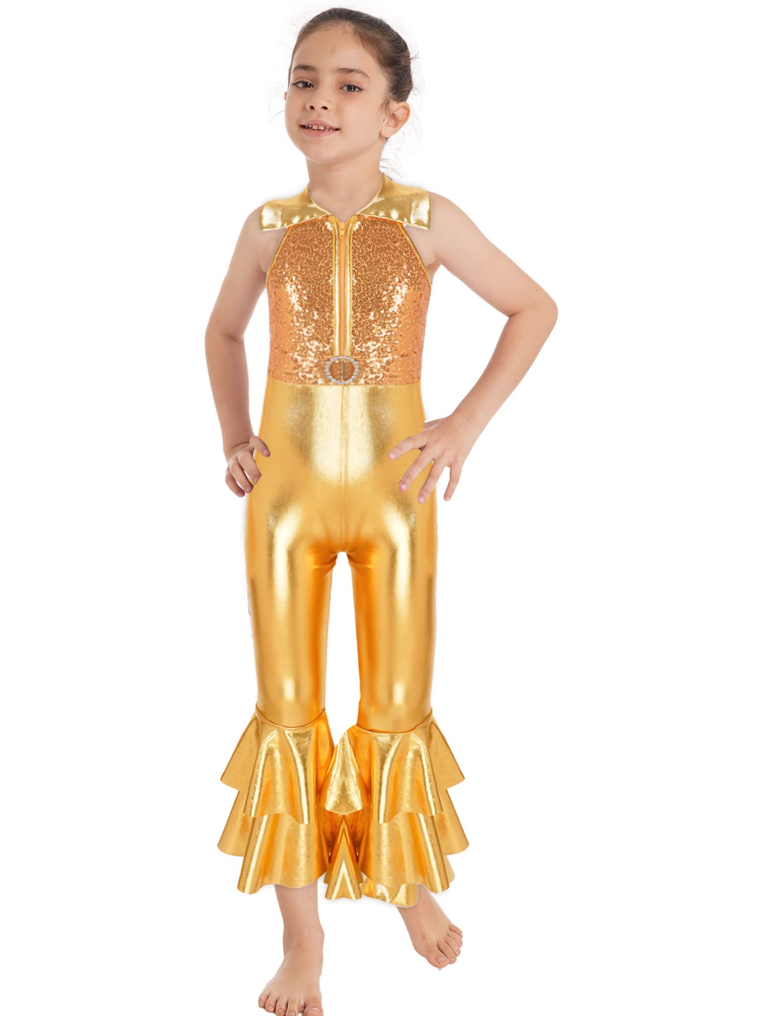 Agoky Disfraz de discoteca para Niña Maillot de Danza Gimnasia Lentejuelas Brillante de los años 70 Mono de Ballet con Ceremonia y Solapa Disfraz Prara Halloween