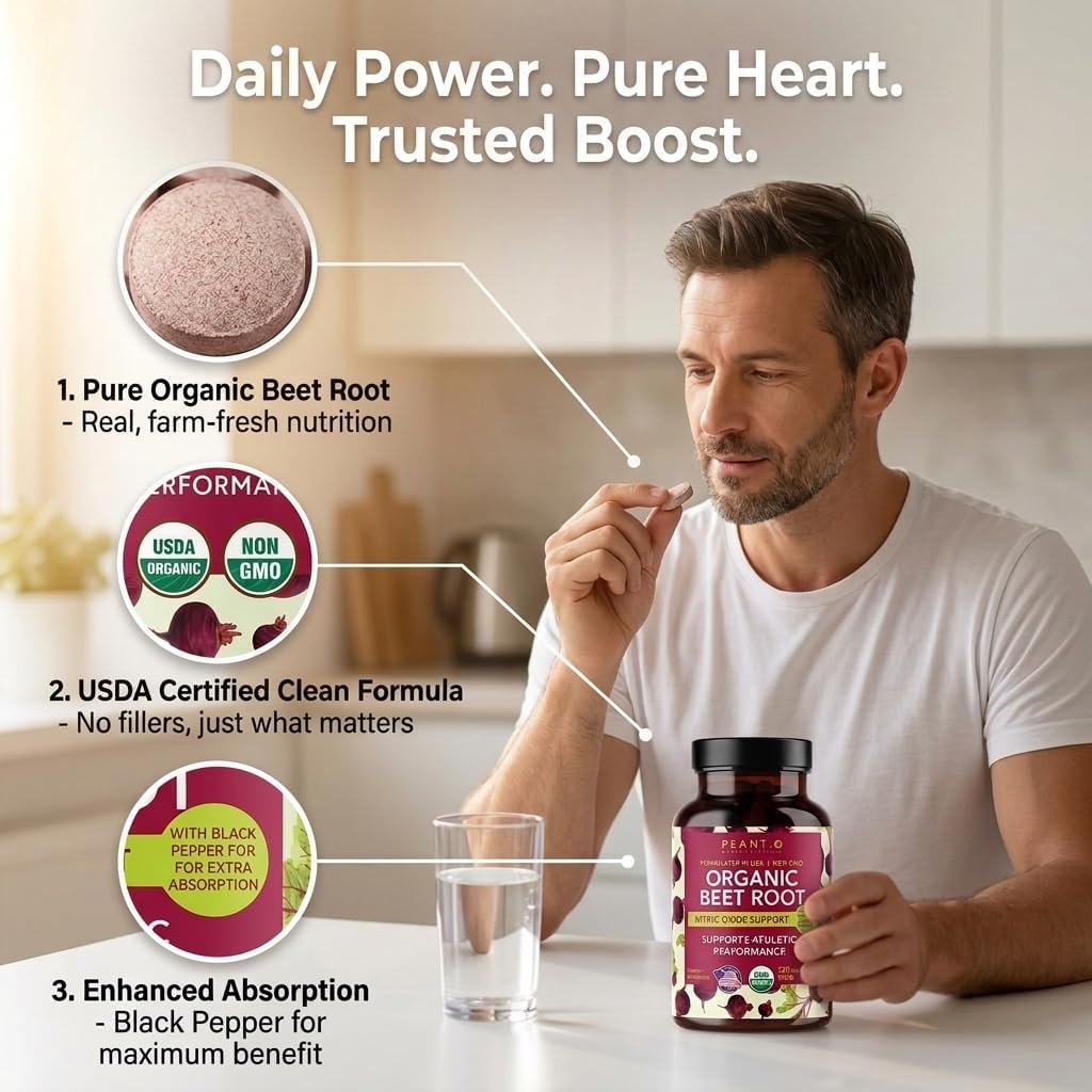 PLANT.O NUTRITION Organic Beet Root Capsules 1350mg – USDA Certified Beetroot Powder Supplement with Black Pepper | Nitric Oxide & Circulation Support | Vegan Non-GMO | 120 Tablets 2 Month Supply
