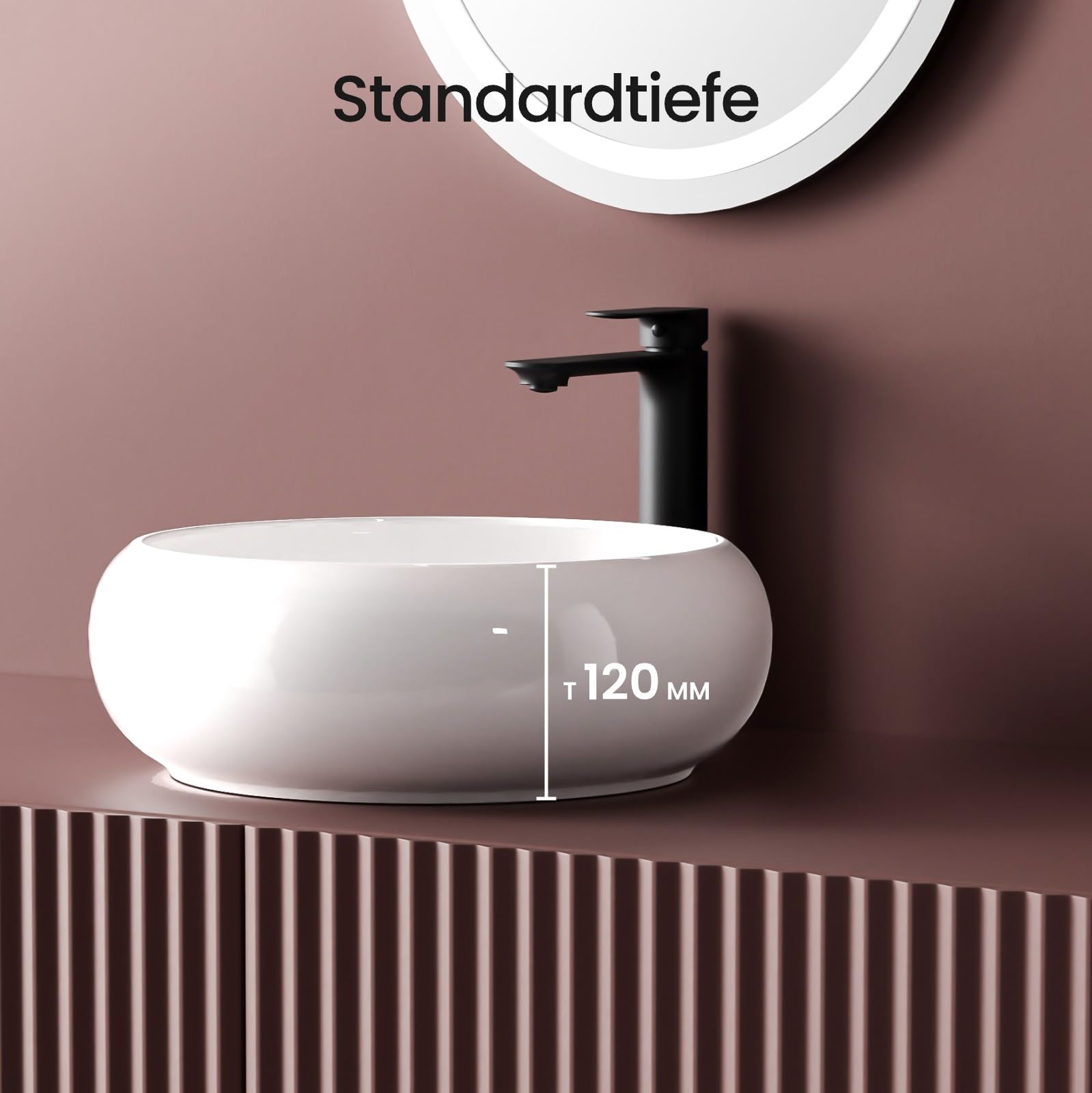 EMKE Lavabo da montare, Lavabo rotondo in ceramica, 360 x 360 x 120 mm, installazione sopra il piano, Bianco lucido, lavabo per bagno e WC ospiti