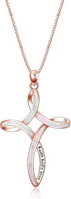 WINNICACA Celtic Knot Necklace Sterling Silver Created Opal Love Knot Pendant Necklaec Jewellery Gifts for Women,Engraved 'faith hope love' at the Celtic Cross Necklace